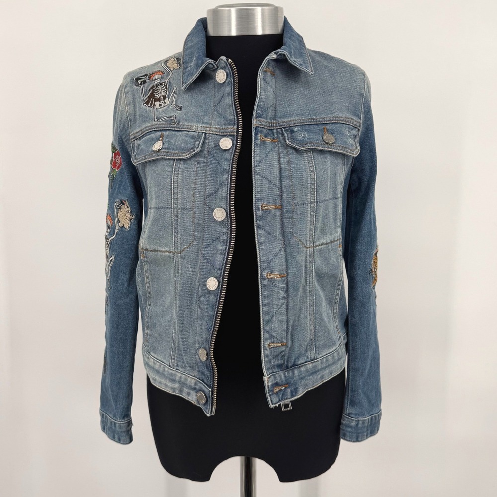 Zadig & Voltaire Zadig Kioky Embroidered Tattoo Denim Jacket Leopard Womens M - Picture 2 of 16
